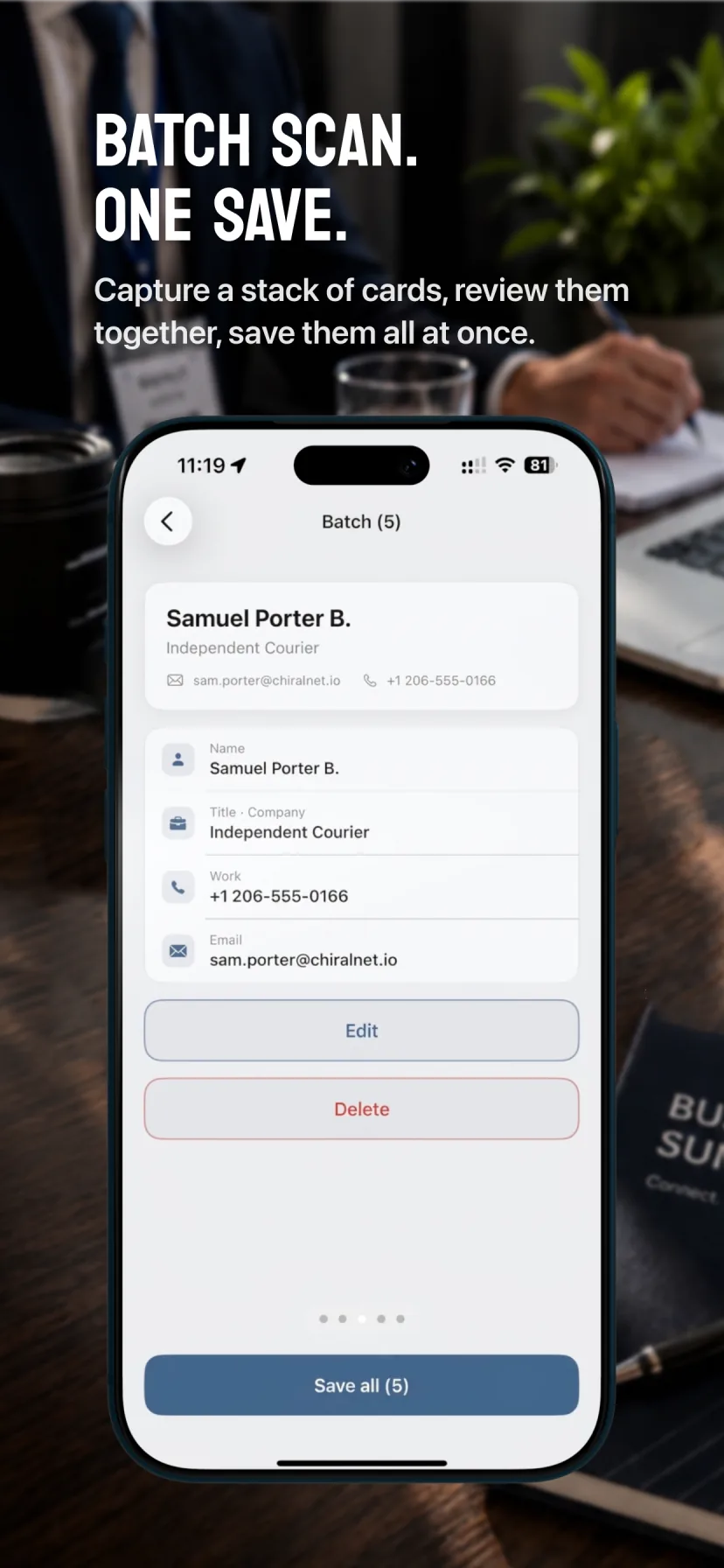 Cardr batch review screen for saving five scanned business cards together