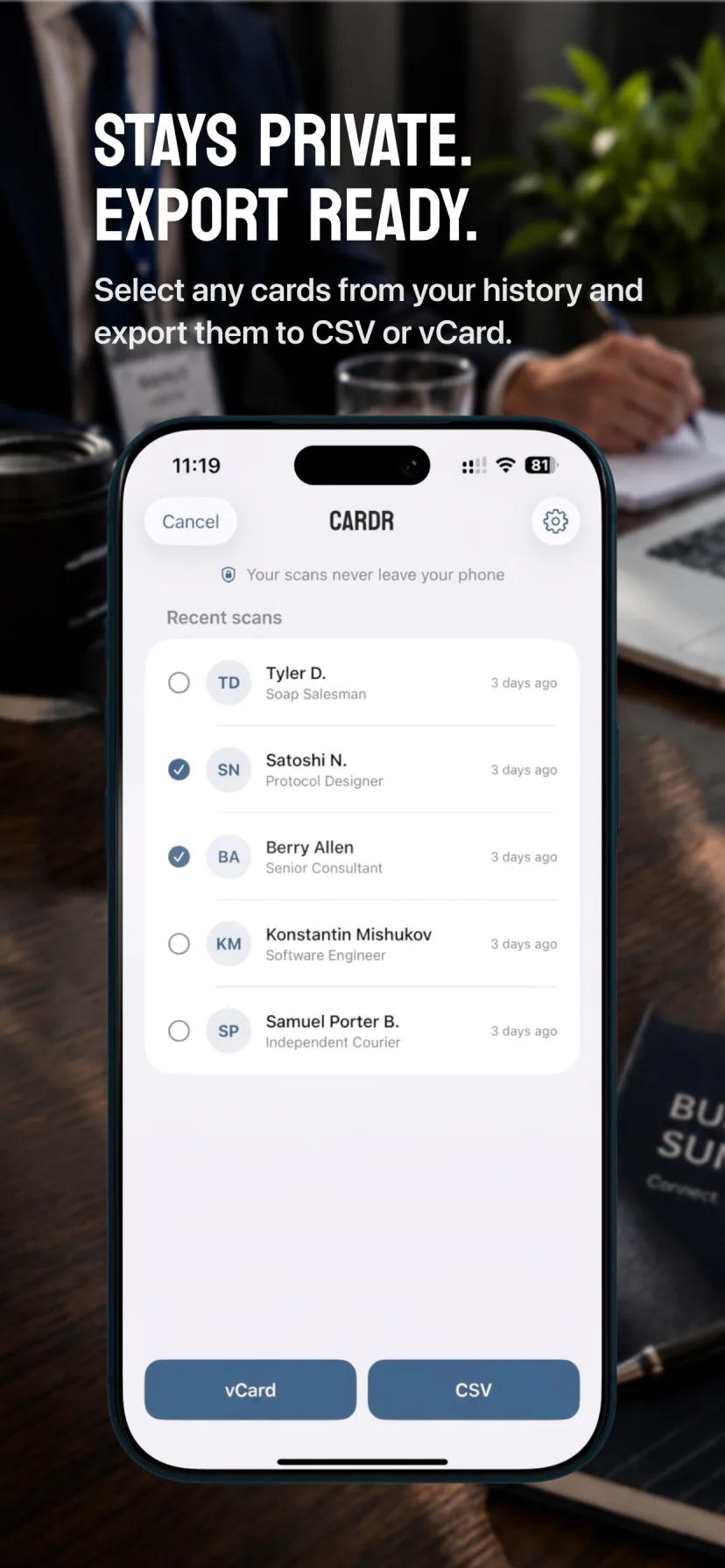 Cardr scan history with multiple cards selected for CSV or vCard export