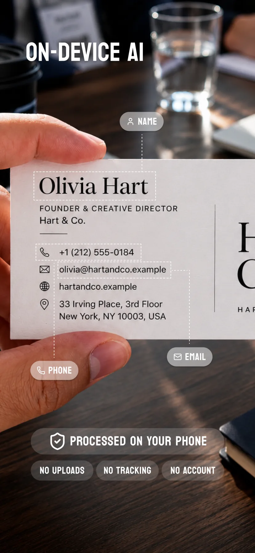 Business card details recognized on-device with no uploads, tracking or account