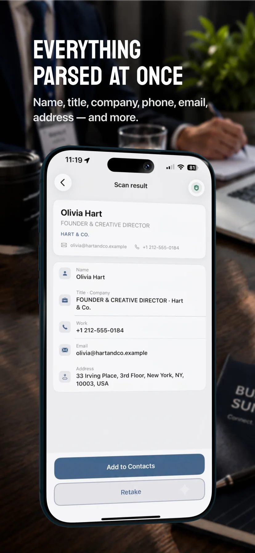 Cardr scan result with name, title, company, phone, email and address parsed into contact fields
