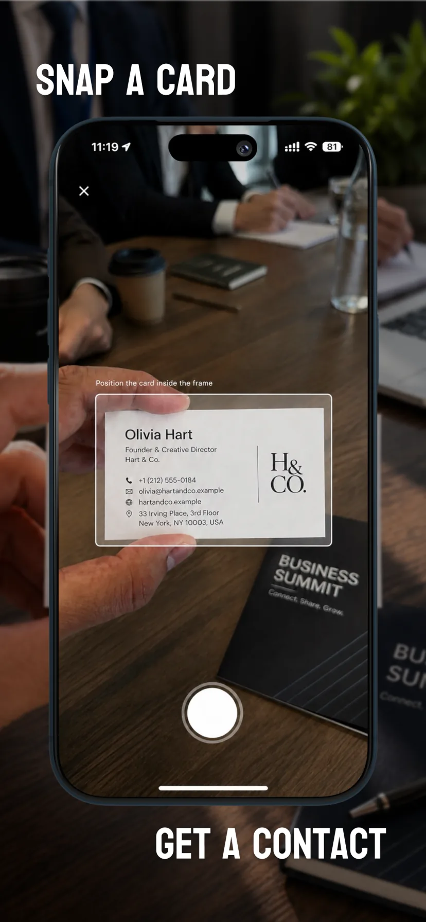 Cardr camera framing a business card before scanning