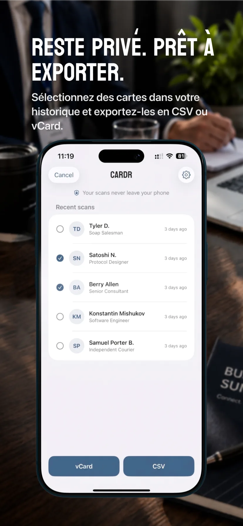 Historique de Cardr avec plusieurs cartes sélectionnées pour l’export CSV ou vCard
