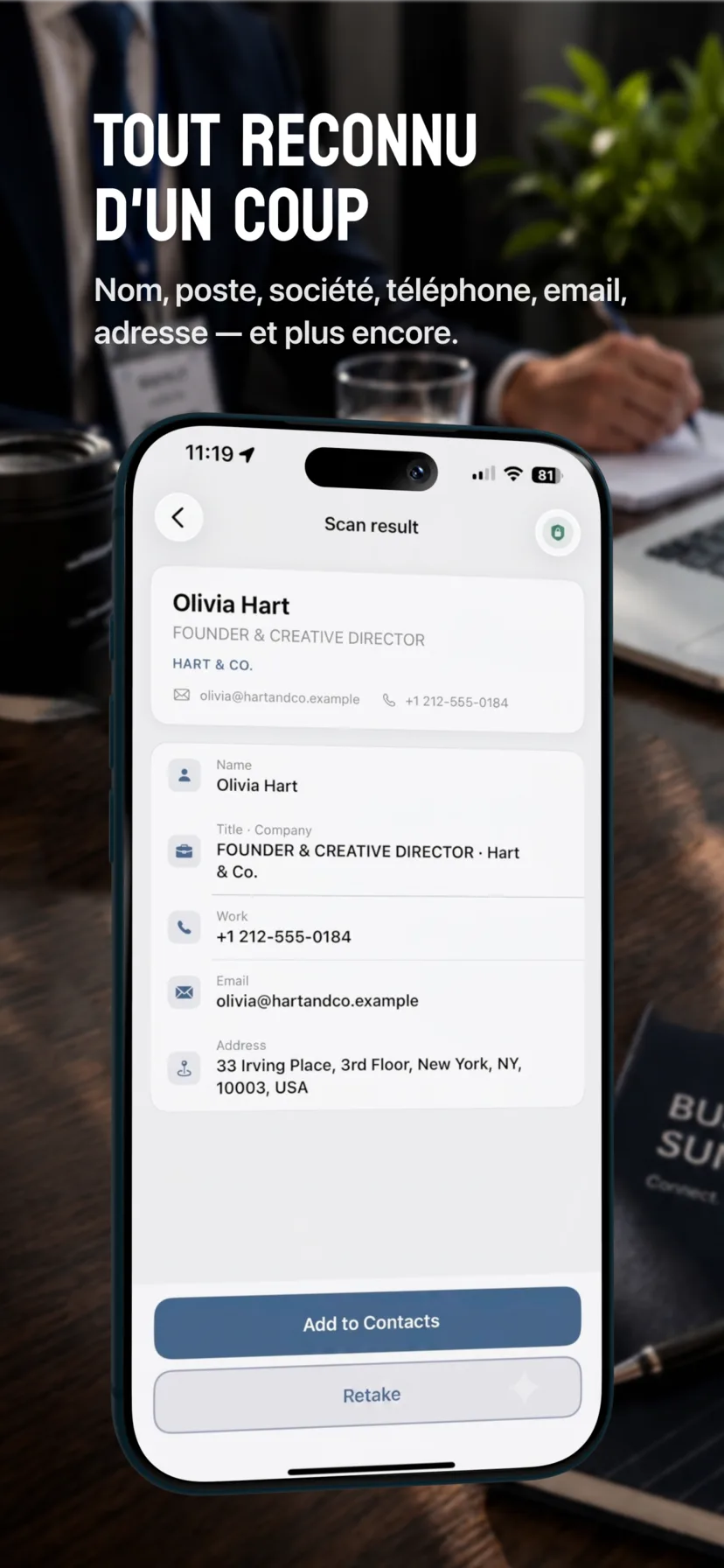 Résultat d’un scan Cardr avec le nom, la fonction, l’entreprise, le téléphone, l’e-mail et l’adresse répartis dans les champs du contact