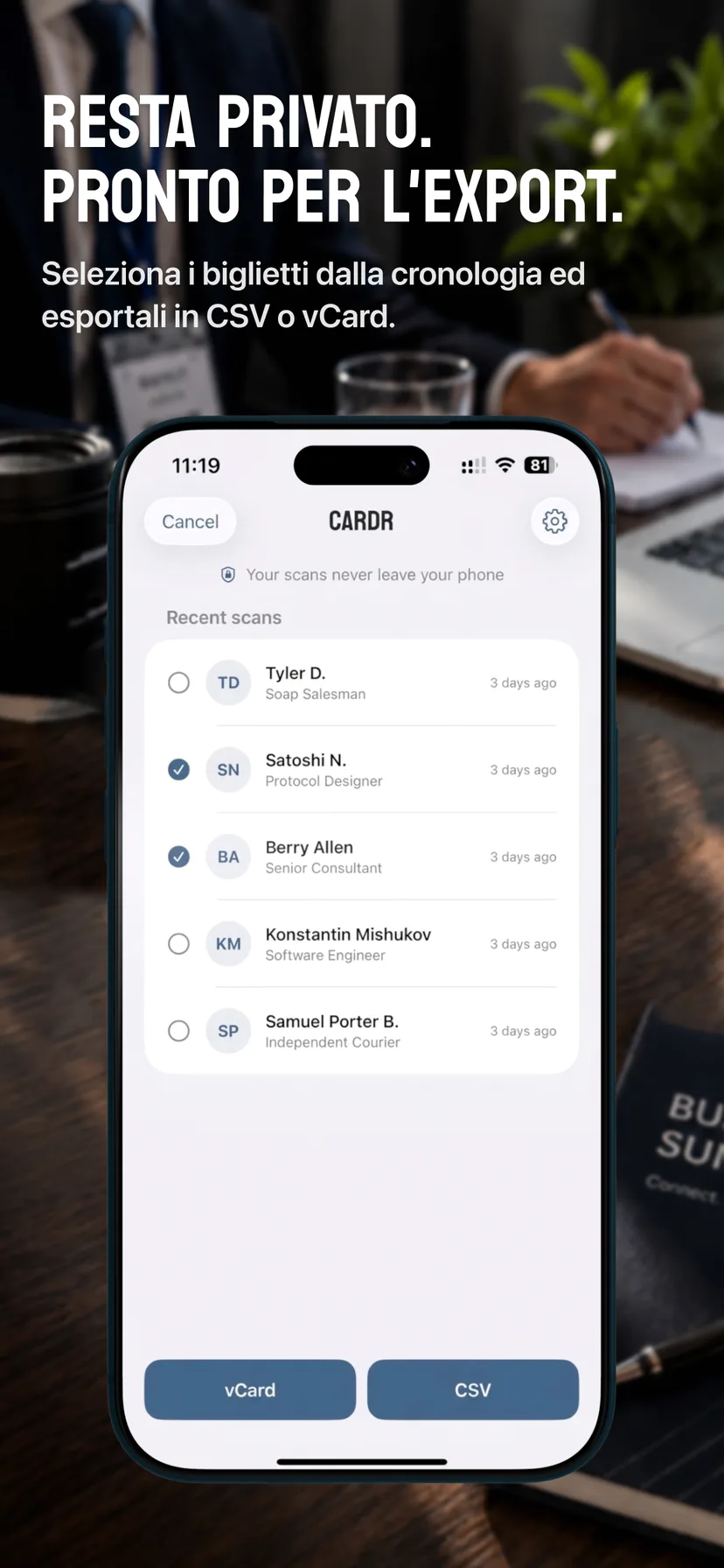 Cronologia di Cardr con più biglietti selezionati per l’export CSV o vCard