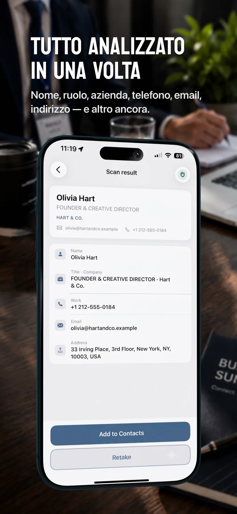 Risultato di una scansione di Cardr con nome, ruolo, azienda, telefono, email e indirizzo suddivisi nei campi del contatto